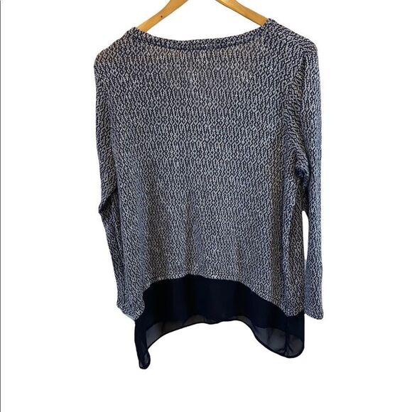 CLEO Petites Blue Salt&Pepper Knit V Neck Long Sleeve Chiffon Bottom Sweater L - Picture 3 of 8